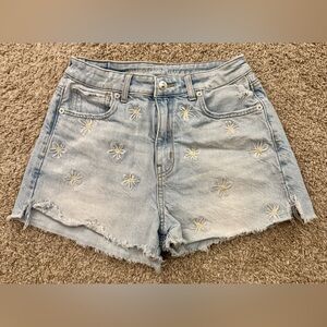 American Eagle Women's Blue Jean Shorts with Floral Embroidery - Size 2 - EUC
